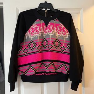 Milly Embroidered Brocade Raglan Sweatshirt in Black, Gold, Pink, Size Small